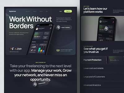 Freelance Platform Landing Page - Applancer analytics app landing page bold darkmode design freelance app freelance landing page freelance platform freelancer freelancer website gradient landing page project management saas landing page task management website ui ux web design website website app