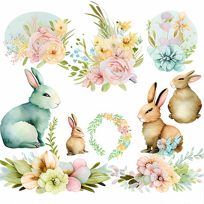 Happy Easter Bunnies Egg Floral Spring Watercolor Clipart Collec rabbit