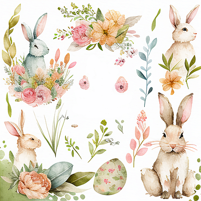 Happy Easter Bunnies Egg Floral Spring Watercolor Clipart Collec rabbit