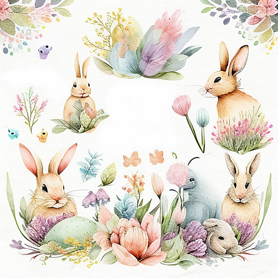 Happy Easter Bunnies Egg Floral Spring Watercolor Clipart Collec bunnies easter happy easter rabbit smile sweet