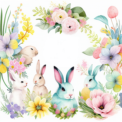 Happy Easter Bunnies Egg Floral Spring Watercolor Clipart Collec bunnies easter egg floral rabbit spring