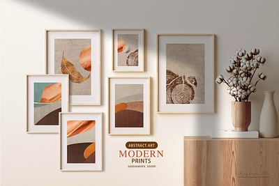 Modern Abstract Geometric Art Poster branding design graphic design illustration typography ui ux 几何艺术 咖啡色 壁画 壁纸 年轮 怀旧 抽象 木纹 橙色 灰色 组合画 轻奢 金叶子