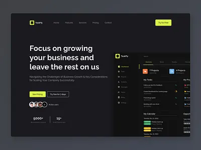 TaskFly - Landing Page Design business business website dark mode dashboard design homepage landing landing page landingpage product design saas site ui ui design uiux web designer webdesign websites