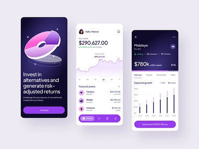 Alternative investment app aestetic alternative capital chart crypto dashboard figma finance fintech illustration invest investment mobile pre ipo progress progress bar typography ui violet vivid