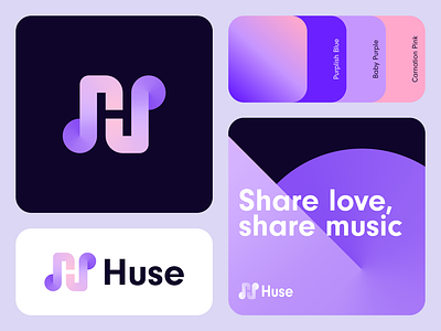 Huse | Logo design app application branding gradient h letter heart identity identity branding logo logo design love music music app musical note saas share music