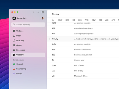 Company glossary board button company components custom dashboard glossary icons interface internal intranet mobile nav product design saas slack table ui ux web design