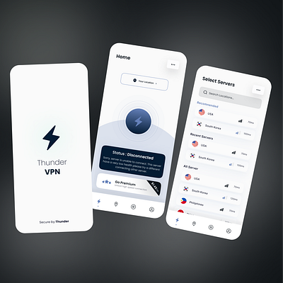 Thunder VPN - Green - Dark & Light Mode Ui Design.. 3d android android app android app design android app development app app source code branding design graphic design illustration logo motion graphics ui ux