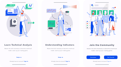 Trading App Intro branding characters graphic design trading ui