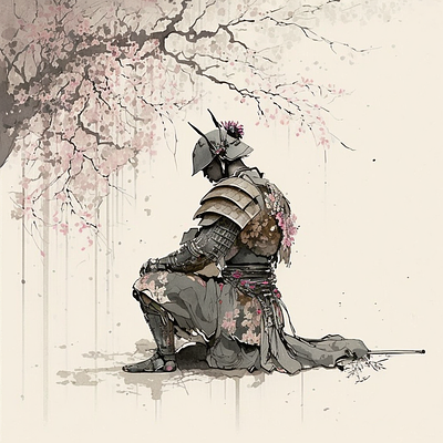Tranquility under the cherry blossoms art digital art graphic design illustration ink japanese samurai sumi e watercolour