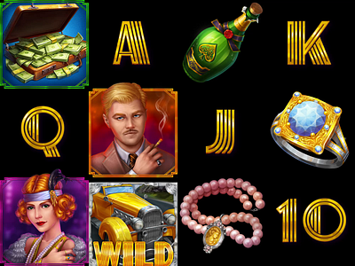 "The Great Gatsby" slot game - Set of symbols animation animated symbols animation animation design gambling game art game design gatsby animation gatsby symbols graphic design motion graphics slot design slot game art slot game design slot machine symbol design symbols symbols art