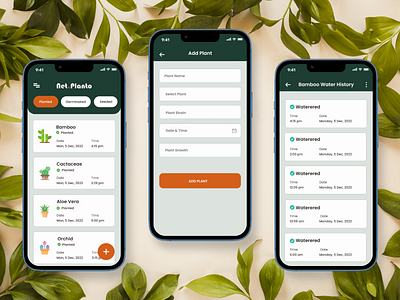 Plant App: Home screen/ Add plant screen/ Water history screen blue theme dashboard screen data management app design green home screen illustration logo mobile app plant app plant home app plantation app ui ui design