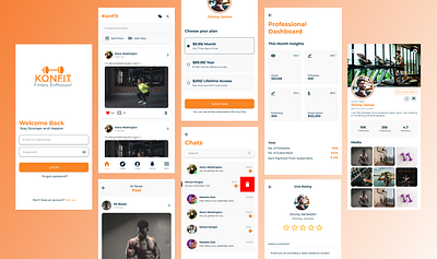 Konfit admin dashboard app branding chat dashboard fitness fitness app graphic design ios screen login logo mobile app post screen profile review screen ui ux