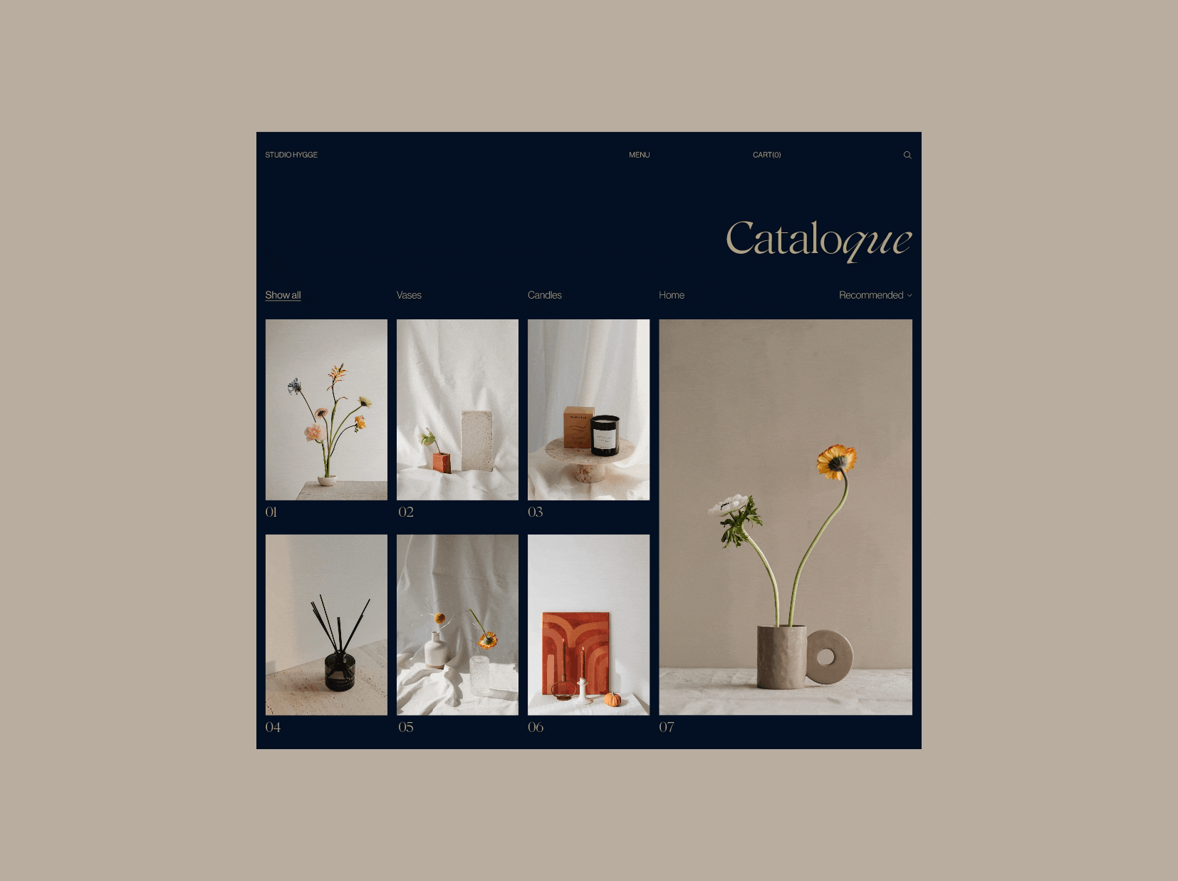 STUDIO HYGGE - website (cataloque) beige candles ceramic cosy e commerce home interior interior design pastel shop ui ux website