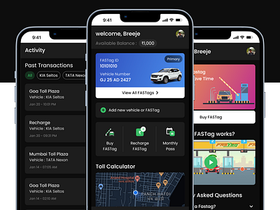 FASTag Manager Mobile App android app black color app calculate car app case study dark app dark mode app fastag app fintech app ios app management app manager mockup payment app recharge app shopping toll app truck app ux case study vehicle app