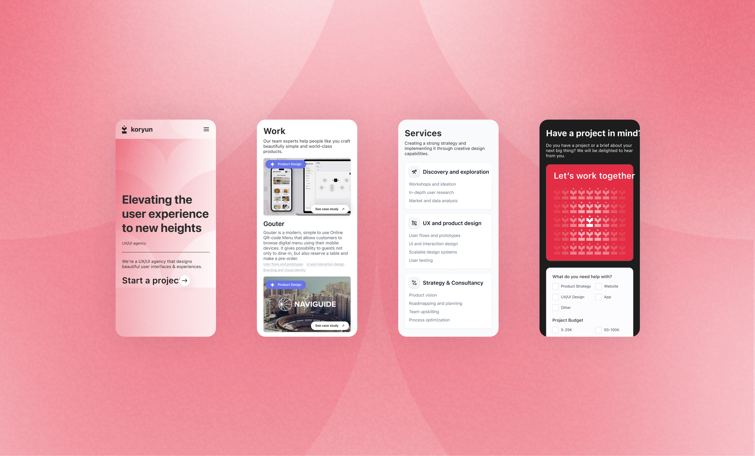 Koryun - UX Agency Landing Page Mobile agency agency mobile agency mobile website contact us contacts us mobile design agency website grain hero section mobile home page home page design landing page mobile landing ui mobile design mobile mockups mobile website design portfolio mobile services page showcase mobile ui ux agency works page design