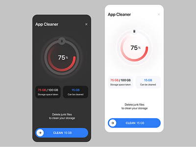 Clean-up App dark and light themes button cash cleaning circle cleanup clear cash dark theme light theme mobile design ui ux