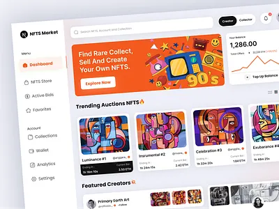 Dashboard - NFTS Market binance bitcoin blockhain crypto crypto art crypto wallet dashboard digital art ethereum futuristic gallery nft marketplace nft nft abstract nft art nft dashboard nft marketplace nft platform token web design