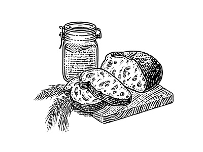 Bread and sourdough black and white bread classical engraving etching food illustration retro vintage