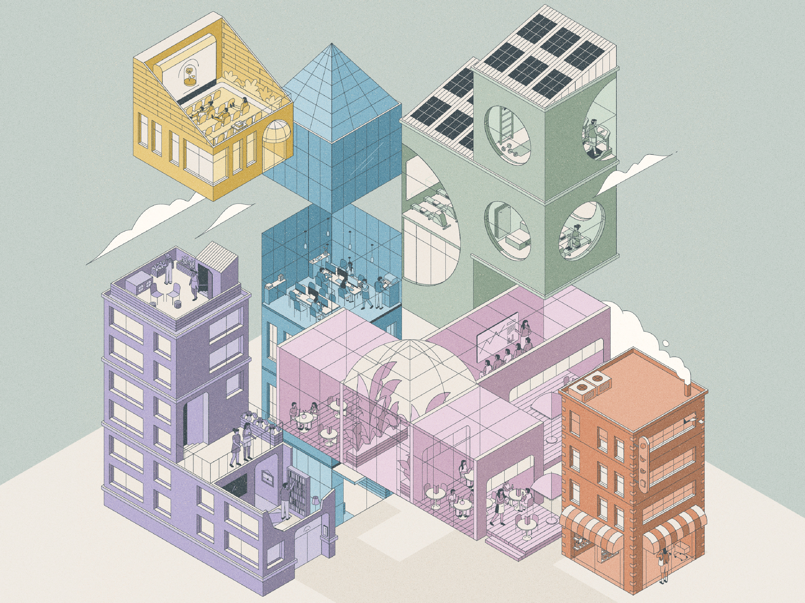 Facilitate Magazine 3d architecture building business character corporate cover design editorial editorial cover gazette gazette cover illustration isometric layout magazine magazine cover perspective vector workplace