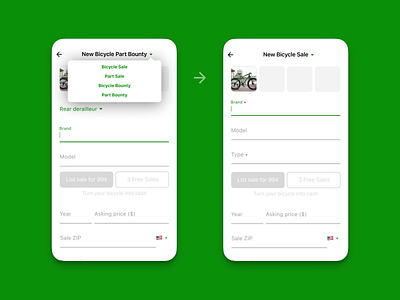 Sprocket iOS Listing Type Switcher bicycle bike convenient easy flow ios iphone listing menu navigation part purchase selector sell simple sprocket switch switcher user friendly ux