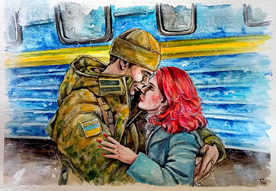 War in Ukraine, Soldier and his Woman, watercolor original hand painted handmade illustration love paint painting soldier ukraine war watercolor original painting