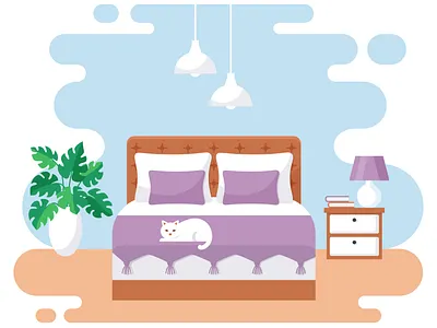 Bedroom interior vector illustration bed bedroom cat cozy flat graphic home illustration interior plant room vector