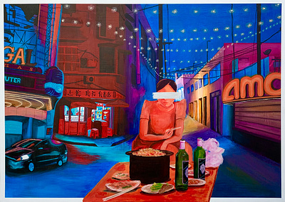 Dinner Time acrylic collage landscape painting