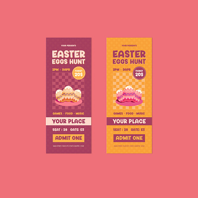 Two tickets for easter eggs hunt are displayed on a pink backgro animation design easter easter eggs hunt eggs graphic design illustration tickets vector