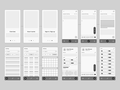 Daily Journal App Wireframes app black and white journal navigation ui wireframes