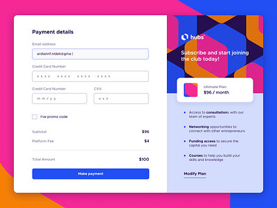 Credit Card Checkout page with the hubs brand pattern brand brand and identity brand identity branding checkout creative credit card dailyui features form illustration logo payment plan smallmediumenterprise startup subscription ui web design