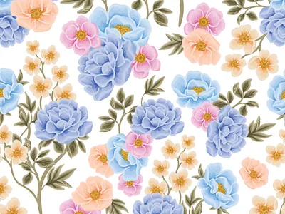 Blue Flower Seamless Pattern beautiful botanical chinoiserie classic digital art feminine floral floral arrangement flower flower illustration flower pattern garden illustration nature peony romantic seamless pattern vintage wedding winter flowers