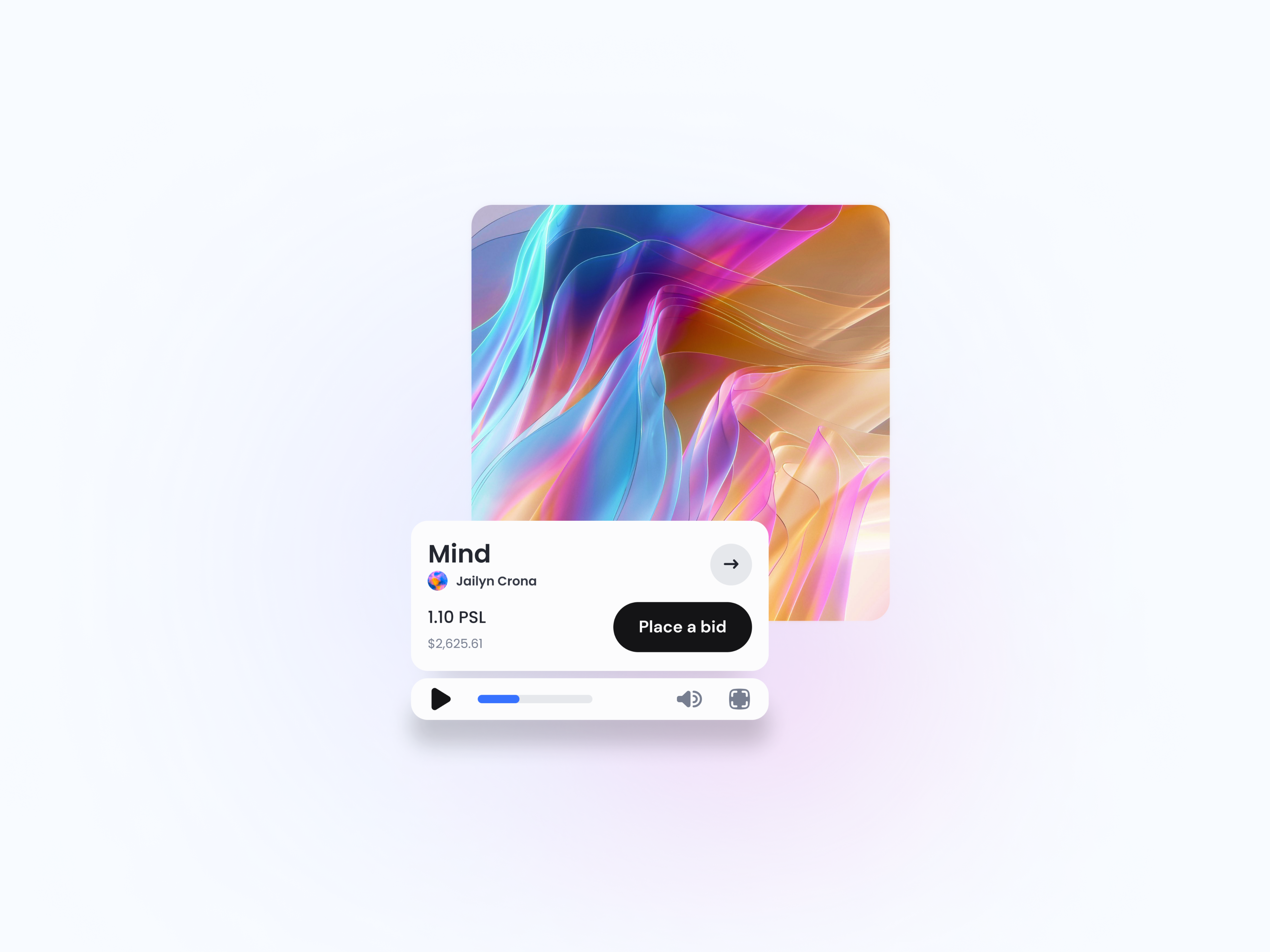 NFT card 3d abstract audio bit button card crypto cta fractal gradient graphic design mind mobile nft pastel play price psl sound ui