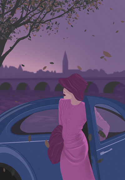 Purple Evening car evening illustration retro secret vintage
