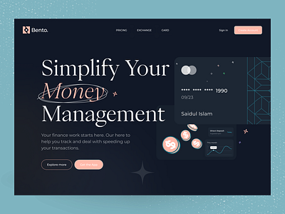 Bento- Finance landing page concept banking black and white card clean creative design digital banking finance header interface minimal modern money popular shot saidul islam typography ui design visual design web header website design