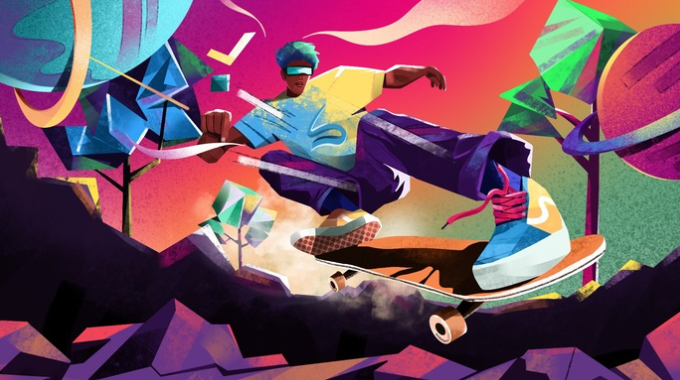 Skater adventure boy character fun future illustration shoe skating skating board sky sports tree