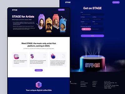 stage artists webflow design arists colorful community dark design homepage influencers landing page modern nft playful saas site ui uxui web design web page webflow webpage website