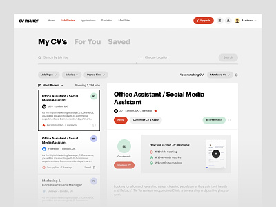 CVMaker - Job Finder cv dashboard job application platform product saas score ui ux vacancies