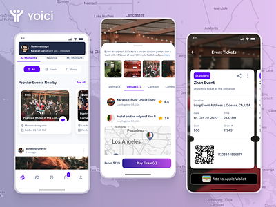 Yoici - Mobile App for events around you events interface design light minimalistic mobile mobile app purple ticketing tickets ui ux