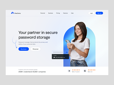 PassCamp: Password Manager Website Hero blue branding concept design gradient hero section landing page modern passcamp password manager site typography ui visual design web