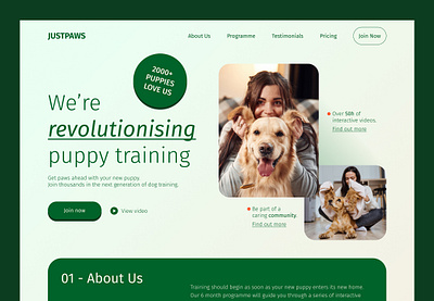JustPaws - Puppy Training Website figma green minimal puppy training ui design web design website