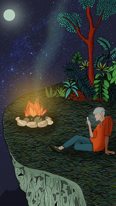 Bourgeon d'intolérance / Intolerance bud alone camping editorial firecamp forest game gender illustration illustrationpresse illustratrice ink mobile night nonbinary outdoor plants play sky texture