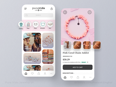 Custom Jewelry Marketplace UI Concept for PuraVida app design designer ecommerce jewelry marketplace mobile modern ui ui ux