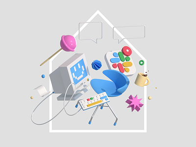 Home office / remote work 3d abstract branding coffee composition computer design furniture future graphic design home home office illustration lollipop pc remote remote work slack visual work