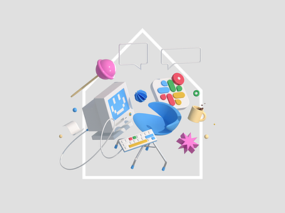 Home office / remote work 3d abstract branding coffee composition computer design furniture future graphic design home home office illustration lollipop pc remote remote work slack visual work