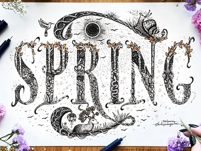 Illustrated ''Spring'' Typography animals art artwork branding design drawing font graphic design handmade illustration landscape letterform lettering logo logo name nature spring type type design typography