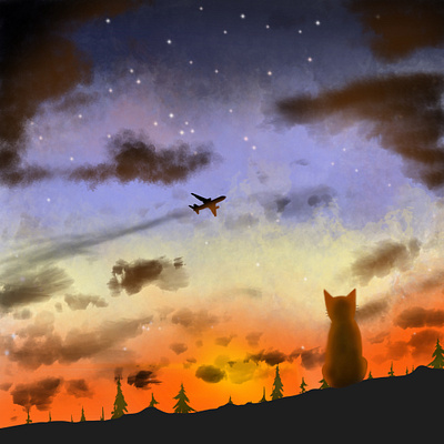 Cat with sunset art book cat commission cover book draw illustration lanscape open commission