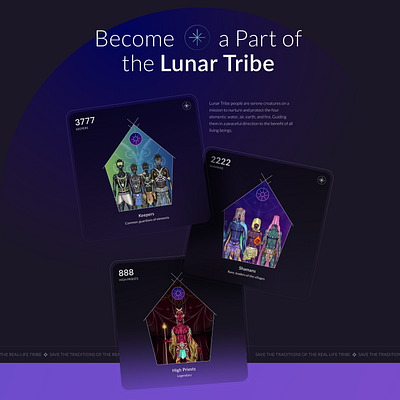 Lunar Tribe - Landing page & Brand identity for NFT collection about us background blue blur brandbook branding card collection colors dark theme dark ui fonts gradient icons identity illustration nft ui
