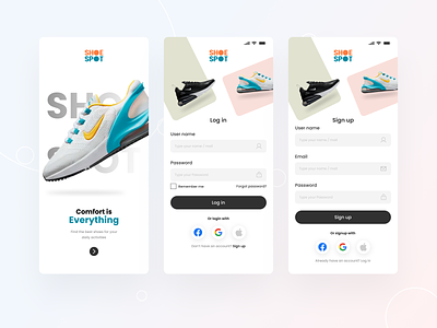 Multi brand shoe shopping app adidas checkout page e commerce shoe shopping app login page nike onboarding screen payment page puma shoe app sign up page single product page