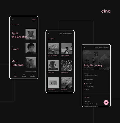 CINQ. black brutalism minimal mobile monochrome monotone music pink ui