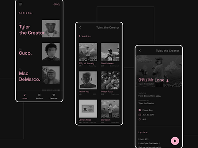 CINQ. black brutalism minimal mobile monochrome monotone music pink ui